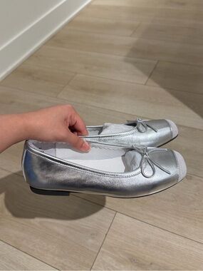 Metallic Silver Ballet Flats with Bow